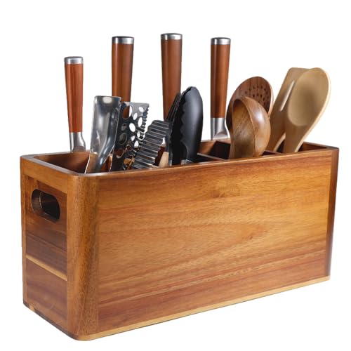 Image of Wooden Kitchen Utensil Holder Organizer for Counter or Countertop, Large Wooden Utensil Holder 4 Compartment, Acacia Wood Container Extra Large.with Strong Magnets Multifunctional Storage Knife Holder