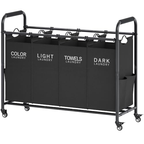 4 Bag Laundry Sorter Cart, Laundry Sorter 4 Sections, Black | Laundry Hamper with Heavy Duty Lockable Wheels, Laundry Basket Organizer with Removable Bags, Laundry Room, Bathroom, Bedroom