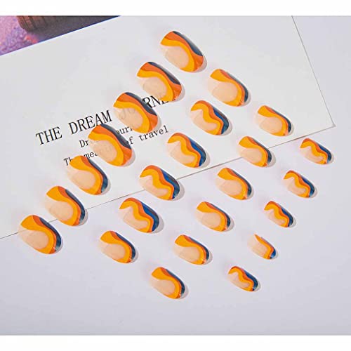 Rikview Almond Press On Nails Medium Fake Nails Orange & Blue Stick On Nails With Swirls Design #TOP2