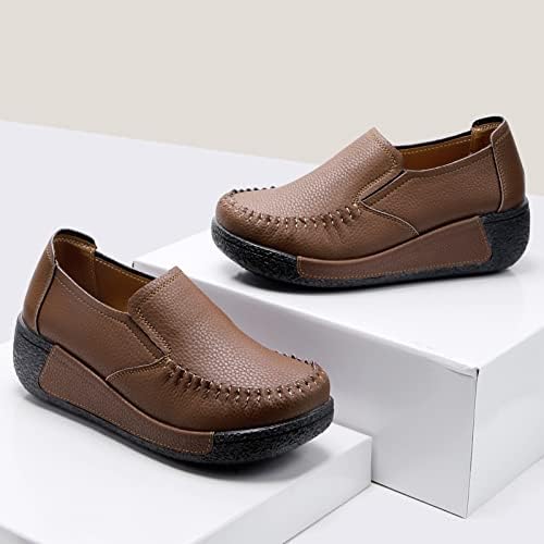 Penny Loafers for Women Slip On Platform Chunky Shoes Ladies Genuine Leather Arch Support Non-Slip Comfort Soft Casual Dress Shoes Brown US 8.5 | Image 5