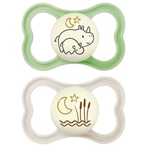 MAM Air Night Pacifiers , MAM Sensitive Skin Pacifier 6+ Months, Glow in the Dark Pacifier, Best Pacifier for Breastfed Babies, Unisex Baby Pacifiers, 2 Count (Pack of 1), Designs May Vary
