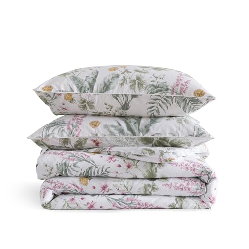 Puralens Tropical Pink Floral Percale Duvet Cover, Queen Green Palm