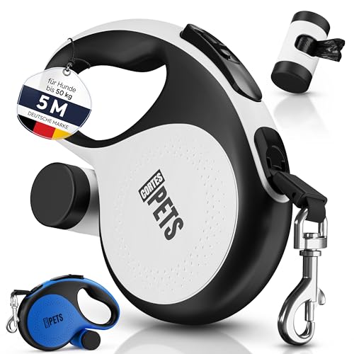 CORTES PETS®Guinzaglio per cani allungabile Retrattile 5m, con sacchetto per escrementi per canii fino a 50 kg, ideale per cani di taglia grande, media e piccola. (Bianco, L - 5m - fino a 50 kg)
