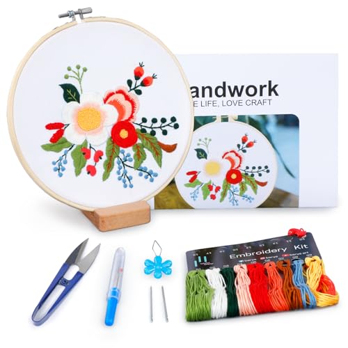 Image of BERYA Embroidery Kit for Beginners, Flowers and Leaves Embroidery Practice Kit, Hand Floral Embroidery Starter Kit for Adults with Video Step by Step Instructions, Hoops, Threads and Needles (BEF014)