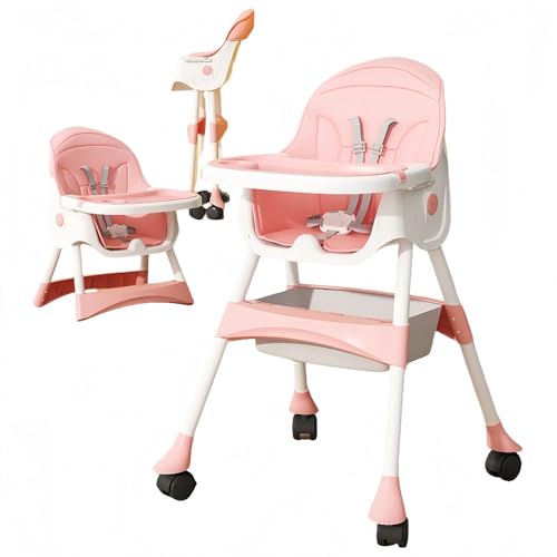 Klivex ベビーチェア ハイローチェア 五点式安全ベルト 軽量 二段テーブル付き 高さ調節 収納袋 工具必要なし 多機能 赤ちゃん用 お食事椅子 持ち運び便利 出産祝い キッズチェア 6ヶ月-3歳 (ピンク,キャスター付き + PUクッション + 収納