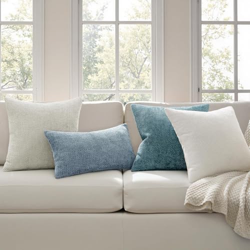 Image of MIULEE Pack of 2 Light Blue Throw Pillow Covers 18x18 Inch Coastal Summer Modern Boho Accent Decorative Pillow Covers Soft Chenille Farmhouse Cushion Covers for Home Decor Couch Bed Sofa Living Room