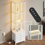 HIGDBFE Glass Book Shelf with Dimmable Lights, 58.3'H Tall Bookcase with 2 Drawers, 4-Tier Led Display Shelf with Remote for Books, Decor, Collections, Display Cabinet for Living Room, Bedroom, White