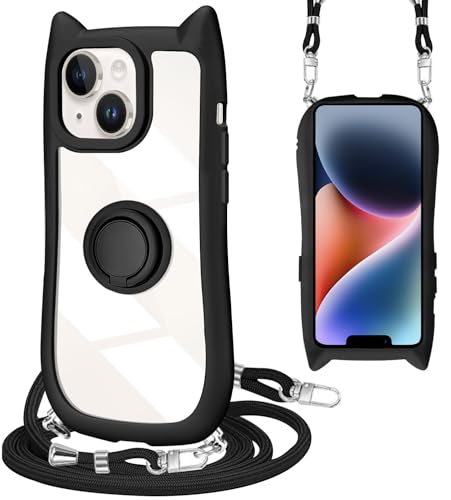 iPhone 13 / iPhone 14 ケース ショルダー クリア カバー リング付き 隠しスタンド 猫耳 ネコミミ 背面ガラス かわいい おしゃれ スタンド付き ストラップホール アイフォン13/14 スマホケース 多機能 全面保護 落下防止(ブラック)