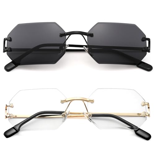 Rimless Sunglasses for Men Women -Octagon Frameless Sun Glasses Black Shade Polygon Tinted Eyewear