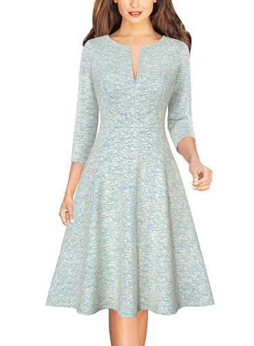 Image of VFSHOW Womens Work Business Front Zipper A-Line Dresses 3 /4 Sleeve Office Church Fit and Flare Skater Swing Knee Length Dress