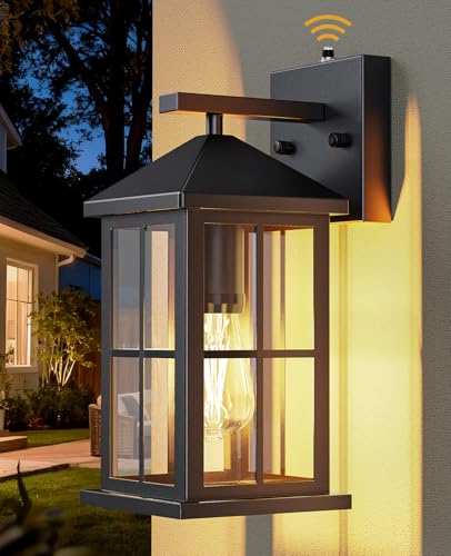 LumaBrite Dusk to Dawn Outdoor Wall Lights - Black Glass Outdoor Wall Lights Mains Powered Porch Light with Ambient Sensor, E27 Auto On/Off Security Lantern Large for Large Gardens