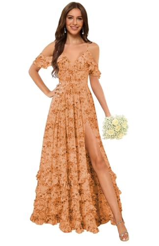 Miao Duo Women's Off Shoulder Ruffle Bridesmaid Dresses Long with Slit V Neck Chiffon Formal Evening Gown YZTS283