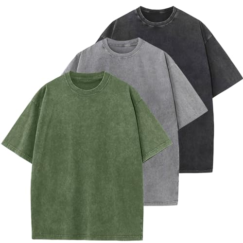 3 Pack Men's Oversized Cotton T-Shirts Loose Fit Vintage Tee Short Sleeve Casual Tshirts Solid Tops(BKGYAG,2XL)
