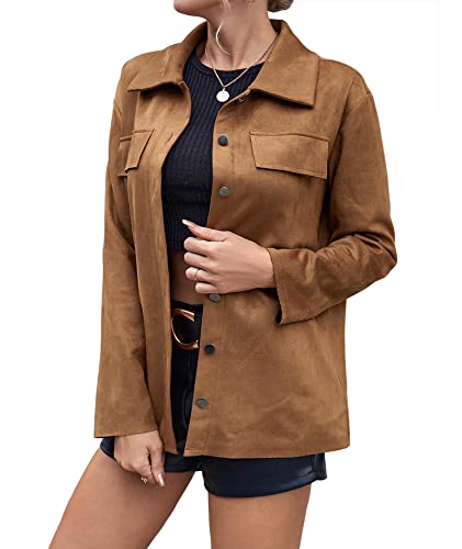 SOMTHRON Women's Faux Suede Shirt Jacket Soft Lapel Snap Button Down Solid Oversized Shacket Coat
