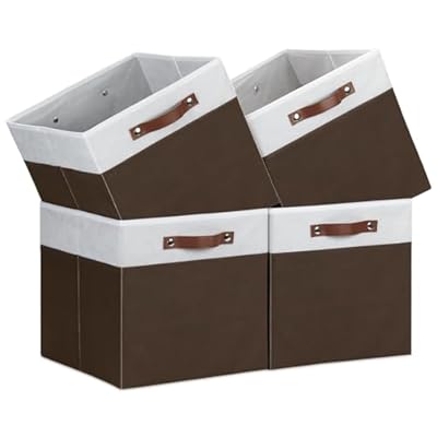 Temary Foldable Cube Baskets 4Pack - Shelf Storage Bins with Handles, Fabric Storage Organizer for Clothes, Home (White&Brown, 13x15x13 Inch)