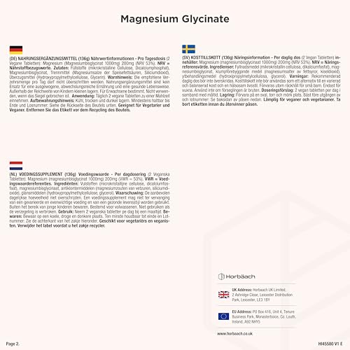 Magnesium Bisglycinat Hochdosiert 1000mg | Glycinat liefert 200 mg aus elementares Magnesium | 120 vegane Tabletten | von Horbaach