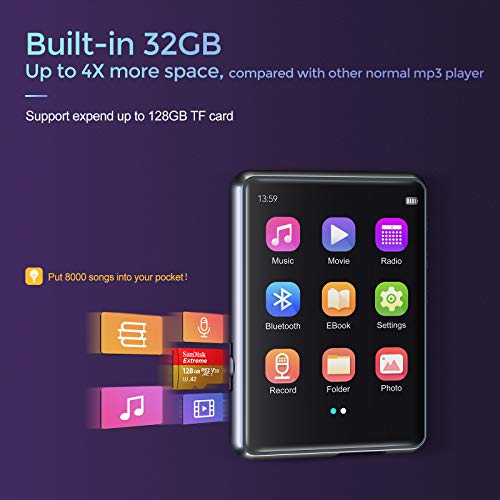 32 GB MP3-speler met Bluetooth 5.0, HiFi Lossless Sound MP3-muziekspeler, Ingebouwde luidspreker, met Line-in Voice Recorder, 2,4 inch volledig touchscreen, FM-radio, Ondersteuning tot 128 GB - Image 4
