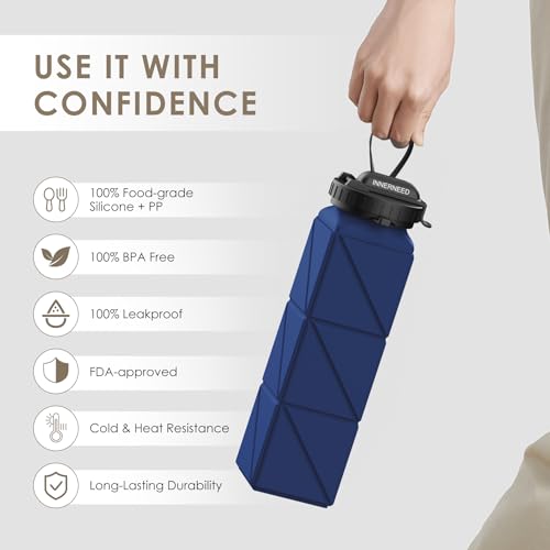 INNERNEED Collapsible Drinking Water Bottle with Straw, Reuseable Leakproof BPA Free Silicone Foldable Sports Gym Bottle, with Carrying Strap (1pack, Dark Blue) - Image 6