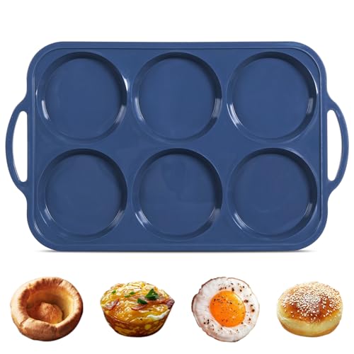 Highkit 10cm Giant Silicone Yorkshire Pudding Tray with Metal Handles,6 Cup Non Stick Jumbo Silicon Yorkshire Pudding Tin,Large Muffin Top Moulds for Baking Pan,Oven,Egg Bites,Whoopie Pie,Tart, Grey