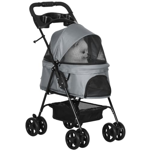 Poussette pliable grise pour animaux à quatre roues avec panier de rangement