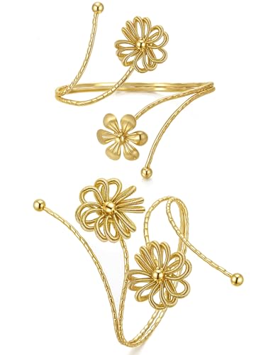 BOMAIL 2Pcs Upper Arm Bracelet for Women Arm Band Cuff Coil Coil Bangle Bracelets Set Gold Plated Flower Leaf Arm Cuff Boho Jewelry for Women
