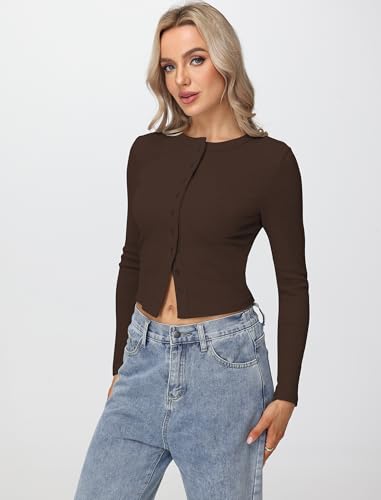 Womens Long Sleeve Tops Fall Lightweight Cardigan Cropped Going Out Shirts Ribbed Button Down Cute Trendy 2025