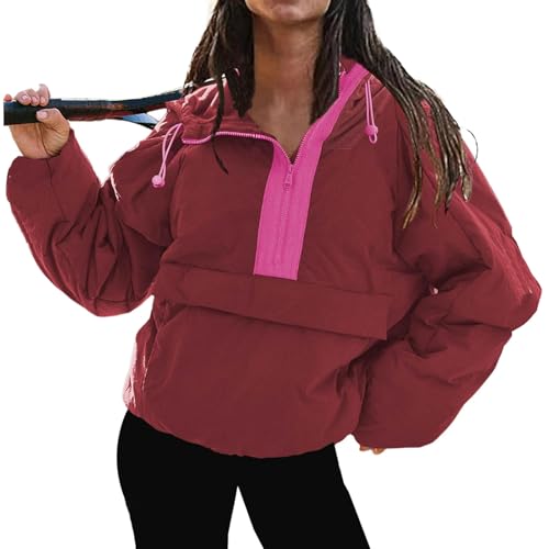 Pullover Puffer Jacket Womens Long Sleeve Half Zip Hooded Coat Drawstring Casual Loose Jacket Lightweight Hoodies2