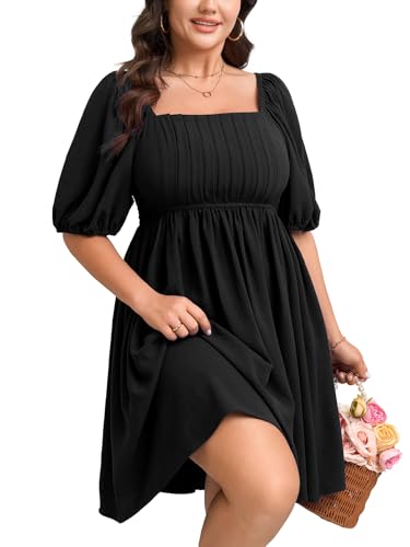 Image of SCOMCHIC Women's Plus Size Dresses Puff Short Sleeve Square Neck Smocked Pleated Casual Summer Mini Babydoll Dress