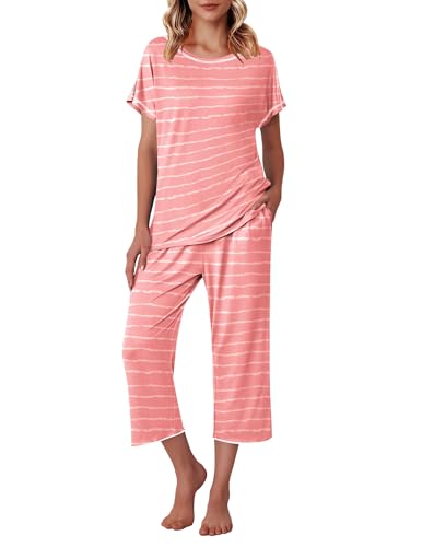 Image of Ekouaer Women's Capri Pajama Sets Print Short Sleeve Sleepwear Top and Capri Pants Soft Loungewear with Pocket