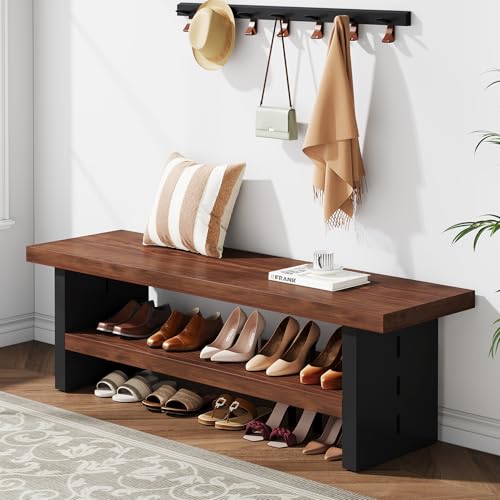 Condemo 47' Solid Wood Entryway Bench with Shoe Storage, 2-Tier Modern Farmhouse Hallway Bench with...