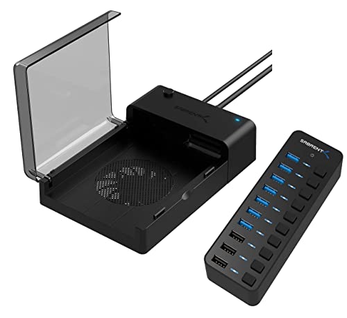10 Port USB 3.0 Hub Includes 3 Smart Charging Ports with Individual Power Switches and LEDs and 60W 12V/5A Power Adapter+USB 3.0 to SATA External Hard Drive Lay Flat Docking Station with Built in Cool