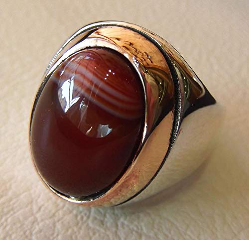 striped agate carnelian aqeeq huge ring two tone sterling silver 925 arabic style jewelry semi precious gem ottoman Mans Ring Handmade Biker Men's Ring Gift For Husband Gothic Ring