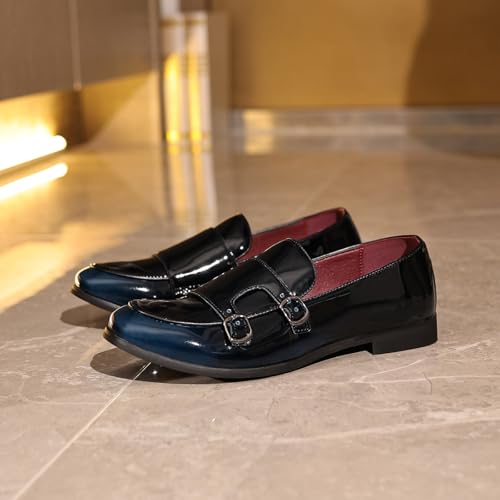 Santimon Men's Double Buckle Patent Leather Loafers Sleek Slip-On Modern Monk Strap Shoes Elegant Casual & Formal Shoes2