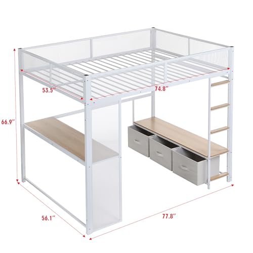SOFTSEA Full Metal Loft Bed with LED Desk, White