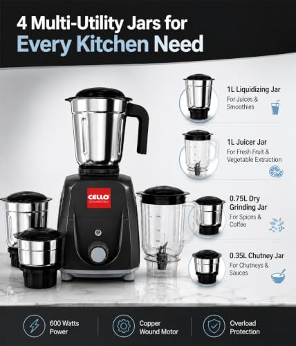 Image of CELLO Unitech 600W Mixer Grinder with Juicer Jar | 4 Jars | Copper Motor | 3 Speed Control | Stainless Steel Blades | Mixer, Grinder & Juicer for Juices (Unitech 600W Mixer Grinder Black)