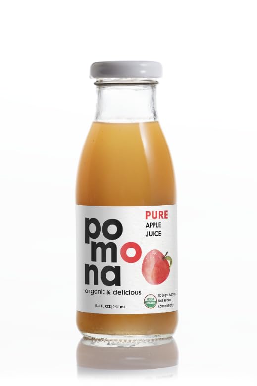 Image of Pomona Organic Apple Juice (Pack of 12), Cold Pressed USDA Organic Juices, No Added Sugar, Not From Concentrate, Vegan, Kosher, Non GMO, Pasteurized, 8.4 Oz Glass Bottles
