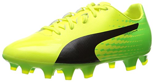 PUMA Unisex-Child Evospeed 17 Firm Ground Soccer Shoe, Safety Yellow Black-Green Gecko, 6 M US Big Kid