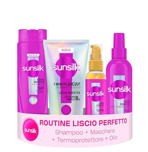 Sunsilk Kit Liscio Perfetto Set 4 Prodotti Capelli Lisci Anticrespo | Shampoo 250ml + 1 Minute WOW 180ml + Spray Termoprotettore 200ml + Olio Styling 75ml, Protezione Calore da Phon e Piastra