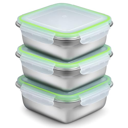 3 Pack Sandwich Containers, 24oz Stainless Steel Sandwich Box with Airtight Lids, Reusable Metal Meal Prep Lunch Boxes, BPA-Free, Dishwasher Safe, Food Storage Containers for Families (Green)