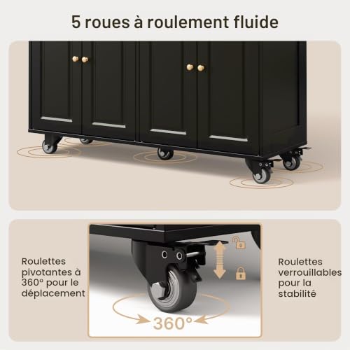 Xbro Îlot de Cuisine Mobile 145x75x90 cm sur roulettes, Chariot avec Tiroirs et Armoires, Plan de Travail en Bois, Meuble de Rangement pour Espace Restreint (Noir) – vue 9