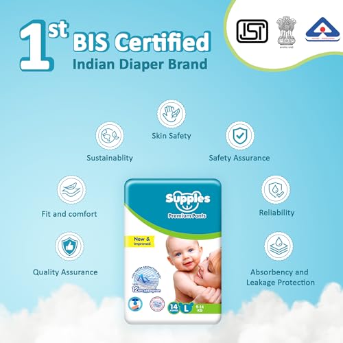Image of Amazon Brand - Supples Premium Baby Diaper Pants | 14 Baby Diapers | Large | 9-14 Kg | 12 Hrs Absorption | Cushiony Cotton Soft Fabric | Phthalates-Free | Triple Leak Guard