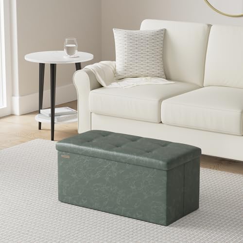 Image of SONGMICS Mazie Collection - 30 Inches Folding Storage Ottoman Bench, Ottoman with Storage, Foot Rest Stool, Load 660 lb, for Living Room, Synthetic Leather, Forest Green ULSF040C01