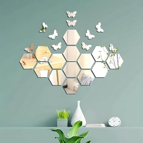 Image of 25-Piece Hexagon & Butterfly Mirror Wall Stickers - 15 Hexagons + 10 Butterflies, Acrylic Decorative Stickers for Hall, Bedroom, Kitchen, Color- Silver