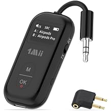 1Mii SafeFly Pro Bluetooth 5.3 Transmitter Receiver, Wireless Audio Adapter w/Screen for 2 Bluetooth Headphones, AptX LL/HD/AD, Use with Any 3.5MM Jack on Airplane, TV & iPad/Tablet