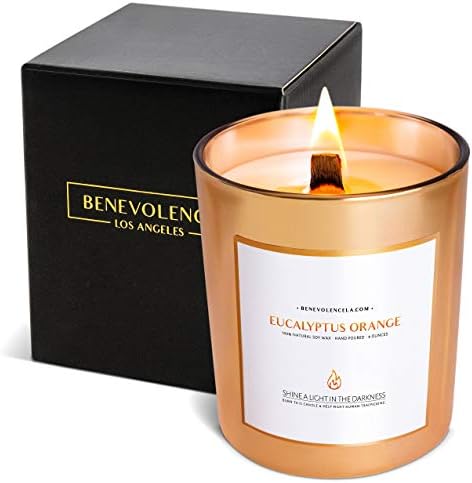 Eucalyptus & Orange Candles | Wood Wicked Candles | Highly Scented Candles for Home | 8 oz 45 Hour Burn, Soy Candles, Aromatherapy Candle, Eucalyptus & Orange Candle Gold Glass Jar