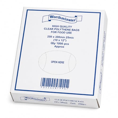 Image of Sabco - Clear Food Grade Polythene Bags 1000 Pack, 25 Micron 100 Gauge Plastic Bags in Dispenser Box, Food Grade Storage Bags (10" x 12")
