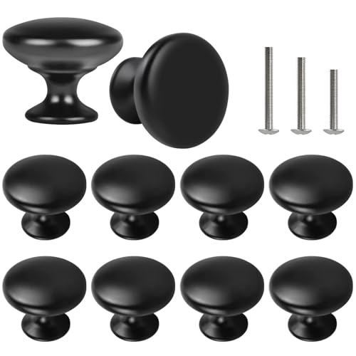 ShipeeKin 10x Matt Black Cabinet Hardware Round Mushroom Knob Drawer Handles 30mm for Kitchen Cupboard Furniture Chest Door Dresser Bathroom