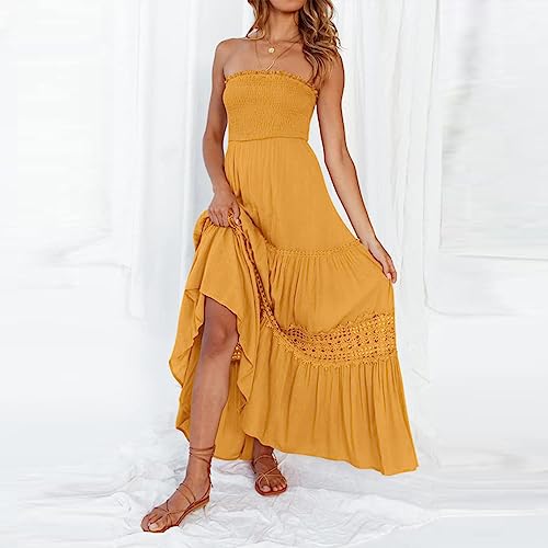 BBIQI Vestido maxi feminino tomara que caia, tomara que caia, com acabamento em renda, cintura elást