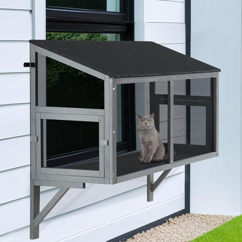 beeNbkks Bug Proof Cat Catio Window Cat House with Metal Mesh Outdoor Enclosure for Indoor Pets Expandable Wooden Perch Safe Comfortable Haven for Pets Keep Bugs Insects Out
