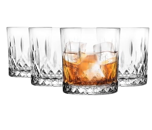 Glasmark KROSNO 1992 Whisky Gläser Set Whiskeygläser 4 Stück 280 ml Rum Gin Bourbon Cocktail Whiskey Glas Trinkgläser Geschliffen Spülmaschinengeeignet, Niedrige, Farblos